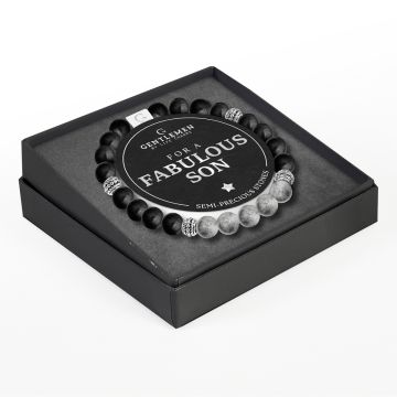 Life Charms - Gentlemen armband - M09 - Fabulous Son - Zwarte Agaat-Grijze Jaspis (18 cm) 