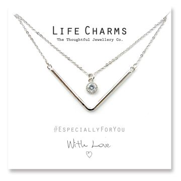 480510 - Life Charms - YY10 - Necklace 2 Layer Silver Chevron and a Crystal